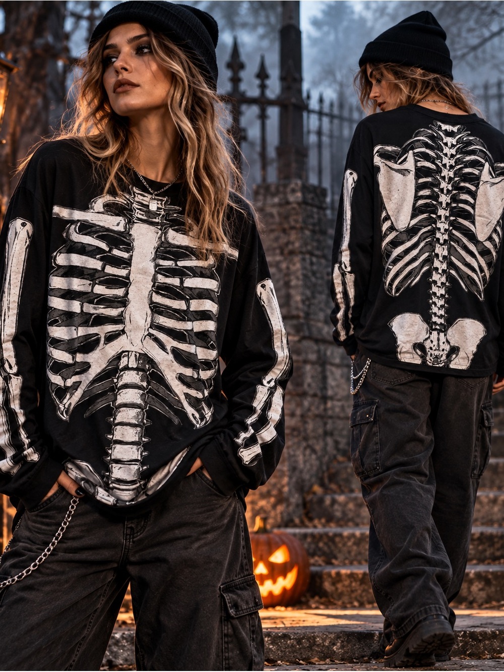 Spirit Skeleton Anatomy Long Sleeve Shirt Black Halloween Goth 2X